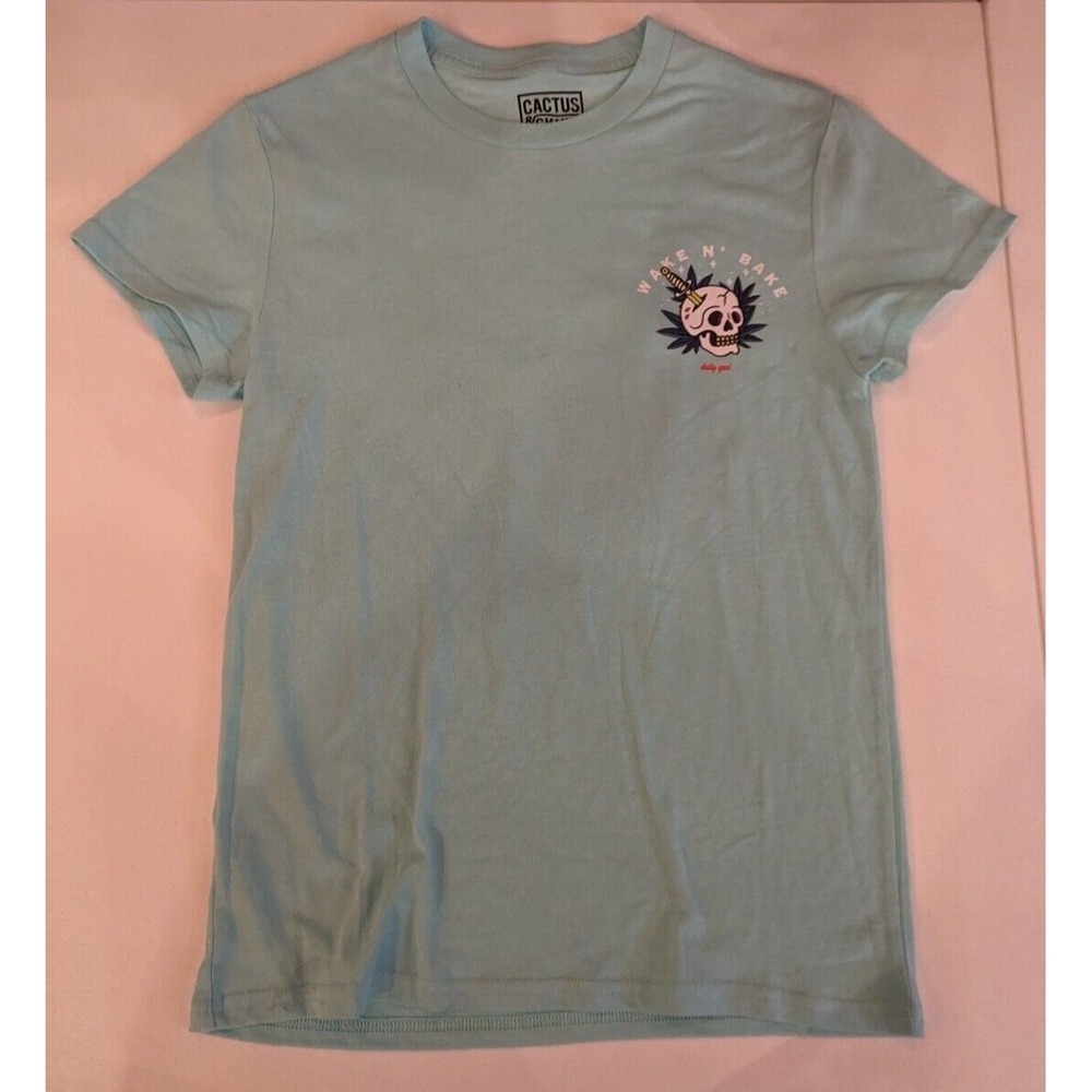 Wake N' Bake Size Small Women's Graphic T Skull on Teal - Cactus & Skull